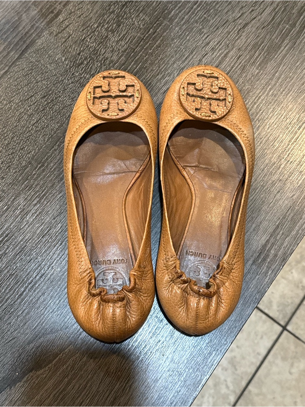 Tory Burch Cognac Leather Logo Ballet Flats